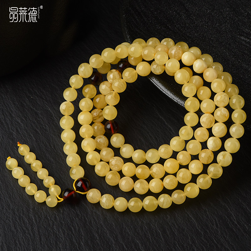 天然蜜蜡108颗佛珠男女士原色鸡油黄白花蜜无烤色琥珀文玩老蜜蜡