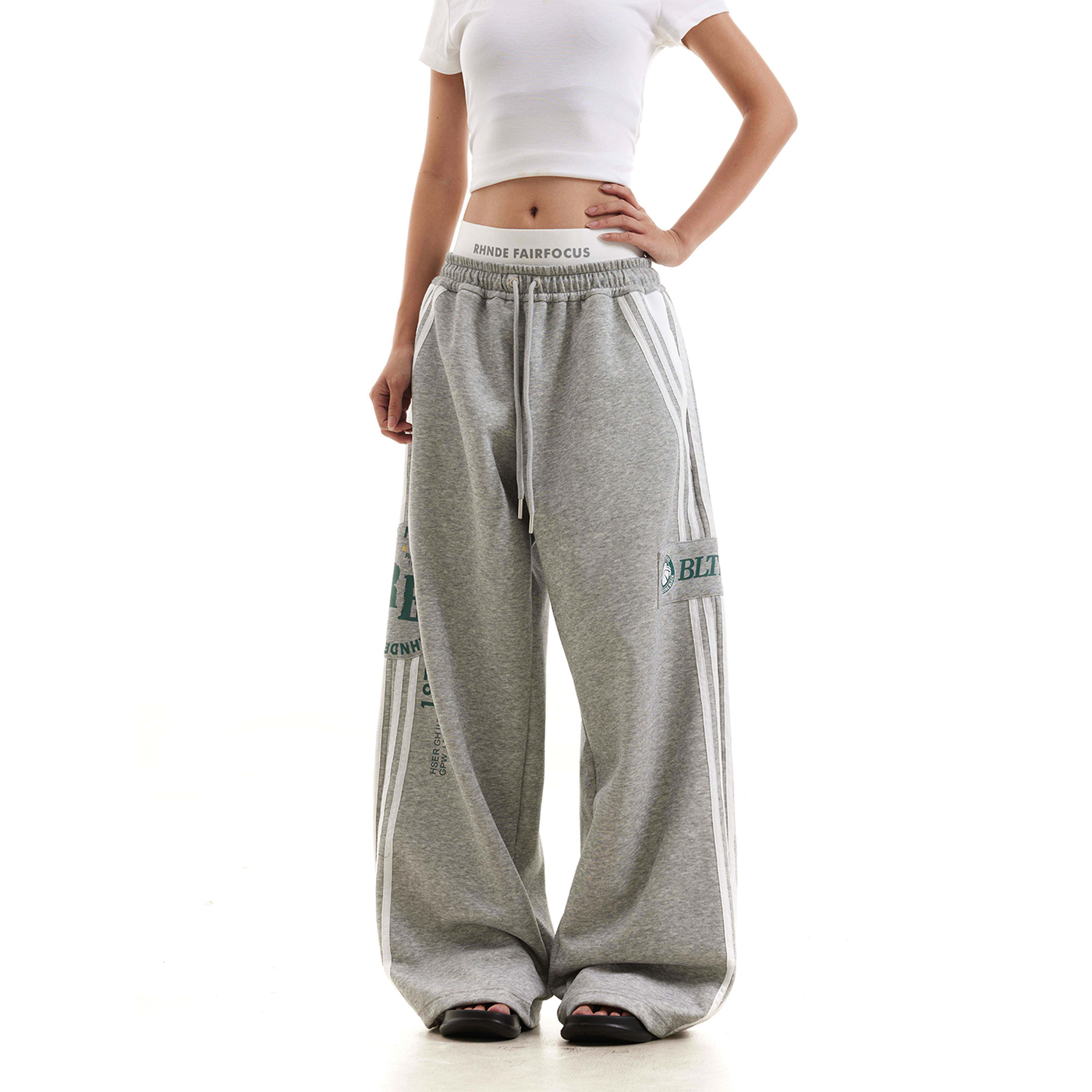 美式覆古双腰头字母印花卫裤街头宽松休闲侧条纹直筒阔腿抽绳长裤