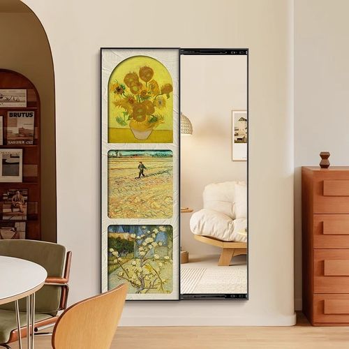 梵高推拉式全身镜装饰画中古风玄关G镜子挂画莫奈卧室隐藏穿衣镜
