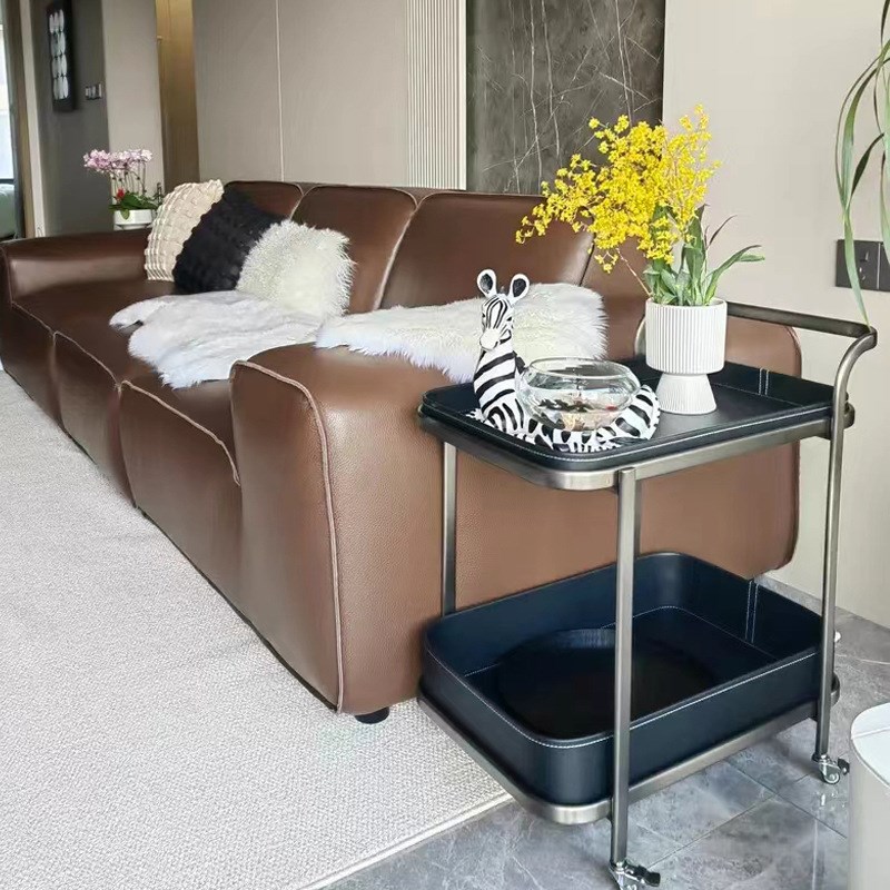 轻奢马鞍皮移动沙发边几小推车茶几客厅家用角几床头X柜带轮置物