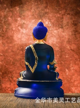 新品药师佛蓝色佛光药佛水琉w璃树脂贴金千琉璃摆件22cm高药师