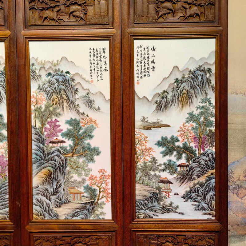 古玩杂项收藏仿古老货花梨木雕瓷板画山水画屏风摆X件家居装饰品