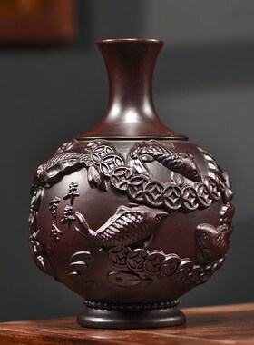 黑檀木雕花瓶摆件玄关中式客厅电视E柜酒柜家居饰品实木工艺品送