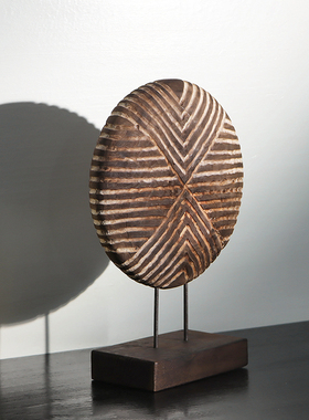 高级感实木雕刻j圆形装饰品侘寂风新中式复古自然风木质工艺品摆