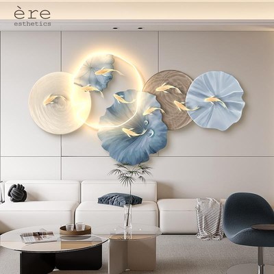 九鱼图客厅装饰画创意设计uLED灯发光壁画现代轻奢沙发背景墙挂画