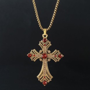 Vintage古着 哥特风中古金色十字架吊坠项链女长款毛衣链配饰品