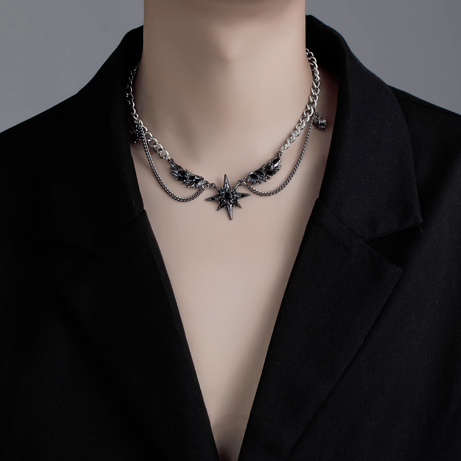暗黑星芒翅膀项链男款潮流