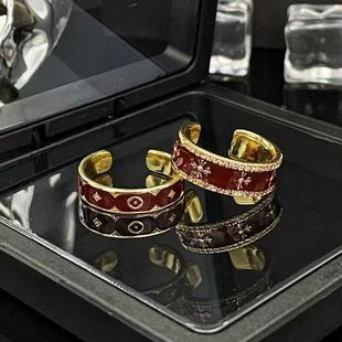 老花酒红金色复古开口戒指男女小众设计高级感珐琅轻奢开口指环