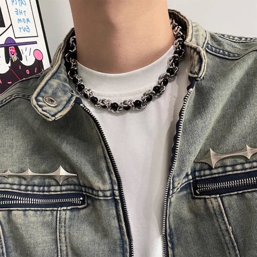 粗款重工仿珍珠缠绕钛钢男项链