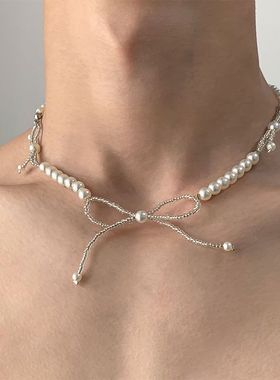 仿珍珠蝴蝶结项链女款小众设计
