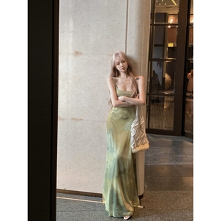 海边度假长裙 奥特莱斯清仓捡漏外贸复古扎染性感吊带连衣裙女夏季