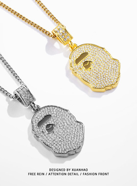 欧美ape necklace猿人头项链潮牌嘻哈时尚个性满钻吊坠项坠