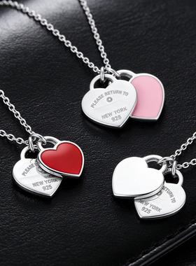 经典双心牌心形牌吊坠滴胶镶钻爱心时尚项链