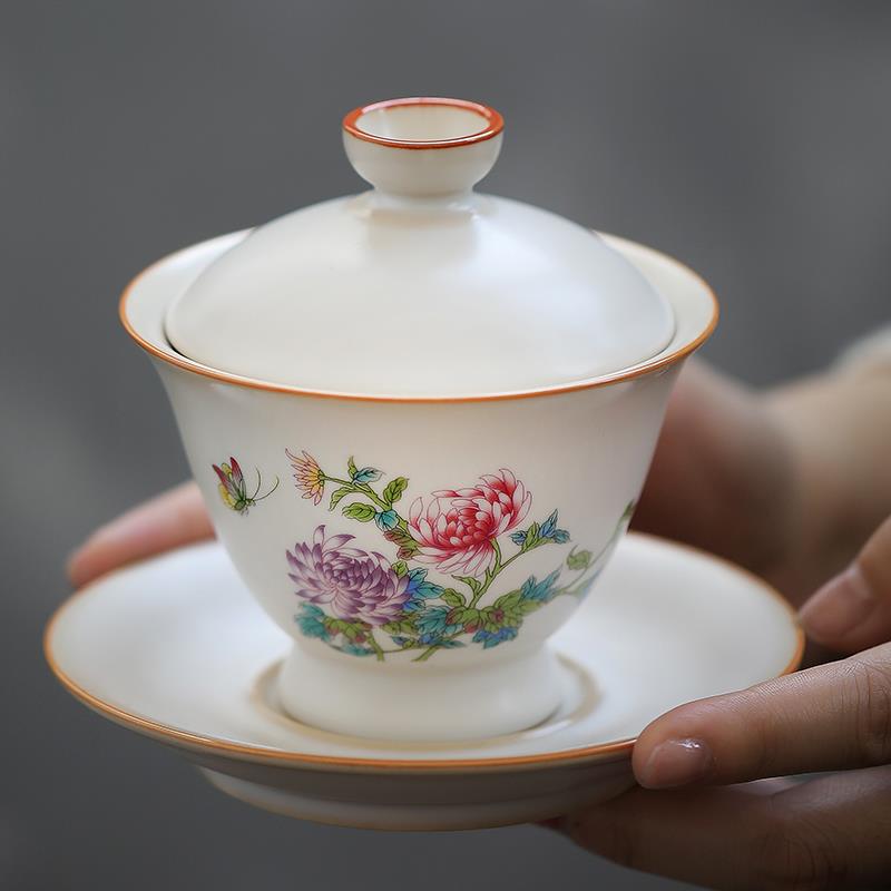 手绘青花盖碗陶瓷小大号三才碗紫砂功夫茶具零配敬茶杯茶备泡茶器