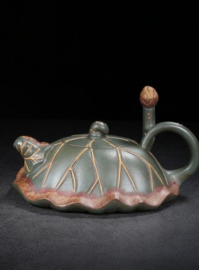 古玩台湾回流老壶紫砂壶 名家y蒋蓉全手工制作原矿民国绿泥荷叶壶