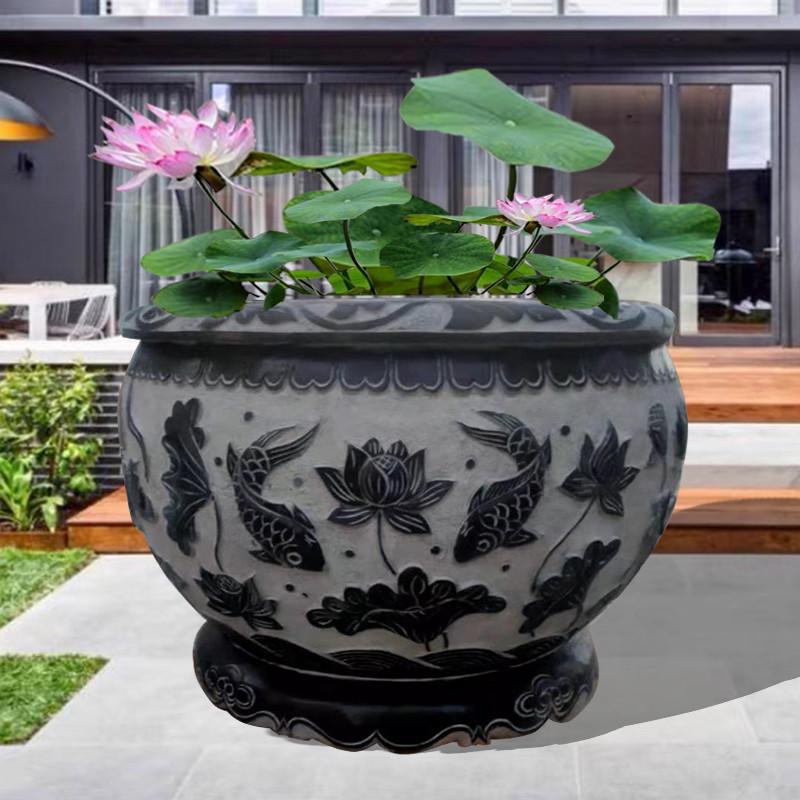 石雕鱼缸石头庭院青石装饰摆件水缸荷花养鱼花盆圆形仿古超大石缸