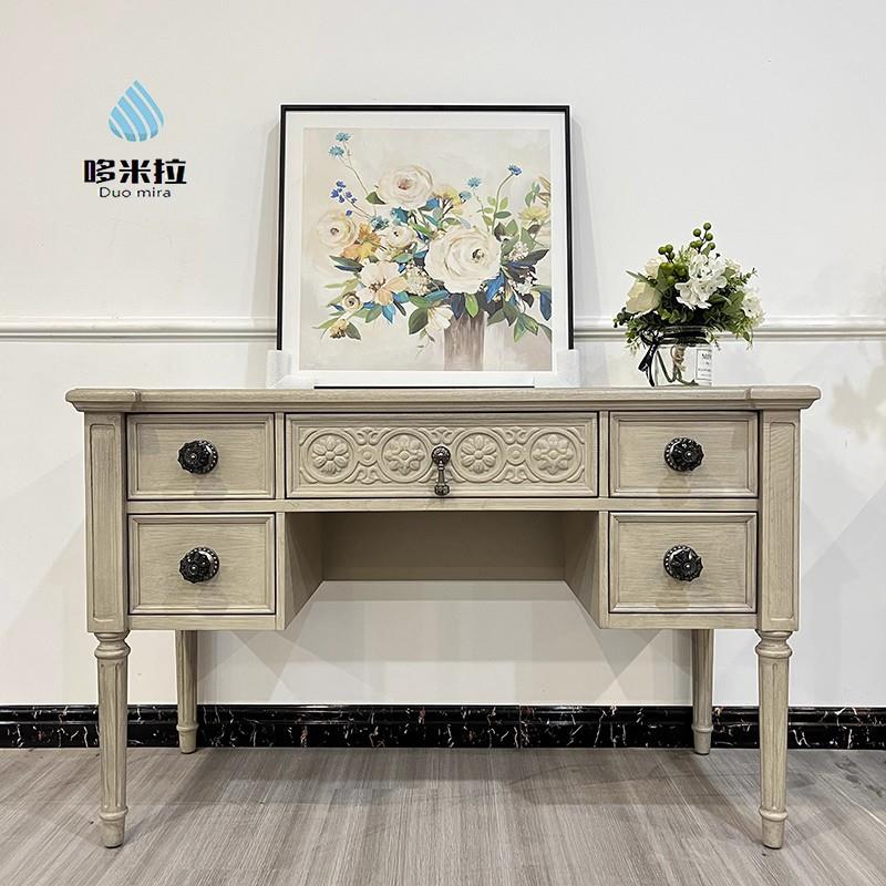 美式乡村复兴实木梳妆台书桌乡村复古做旧橡木梳妆桌现货全实木桌