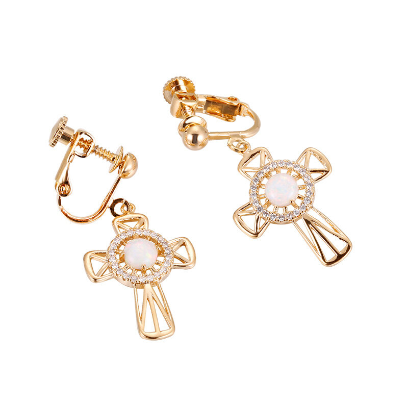 sale高级感复古宫廷人造欧泊opal十字架耳环无耳洞螺丝螺旋耳夹女