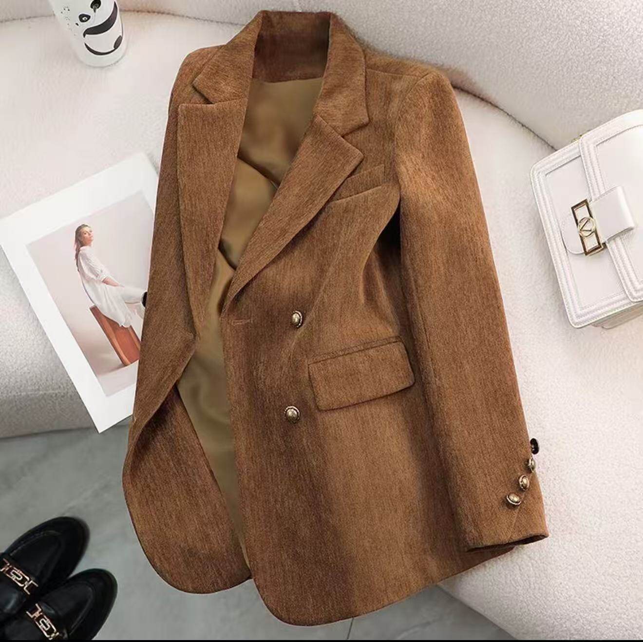 2026秋冬新款复古金棕色西装外套女小个子雪尼尔加厚西服上衣