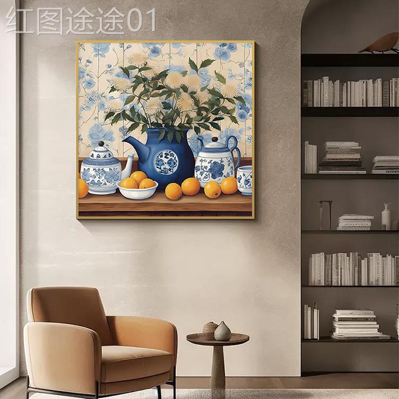 网红青花瓷复餐厅装饰画新中式桌壁古背景墙约餐挂画简客厅画图片