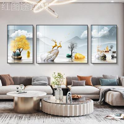网红家和富山水画客端厅挂装画大贵气风景轻奢高沙背景墙饰画三发