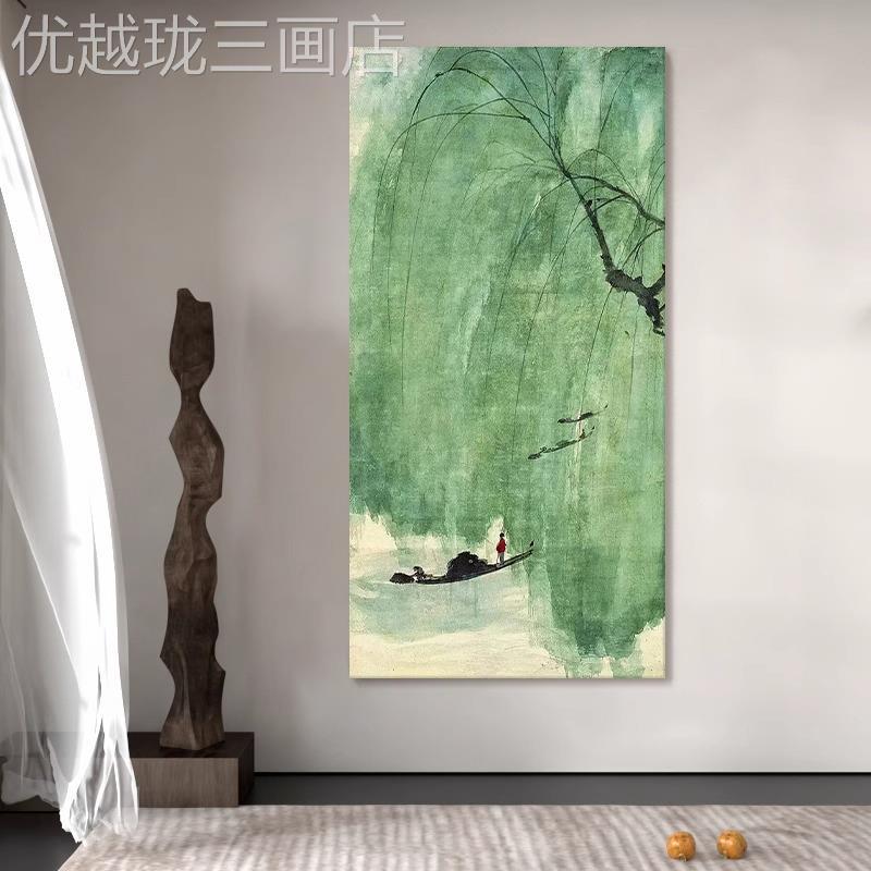 中式柳树玄关装饰画厅抽象客绿色理肌感一叶新扁舟奶油风艺术挂画