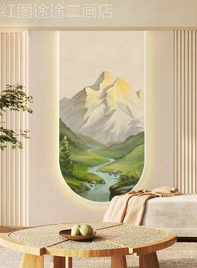 网红绿色油风日照金山流水财入生厅门入玄奶关户装饰画过道走廊客