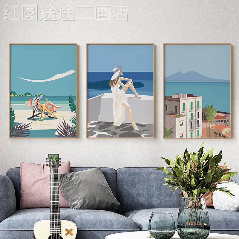 网红北欧简约客玄厅装饰旅之风景文艺卧关餐厅沙画发背景室墙挂画图片