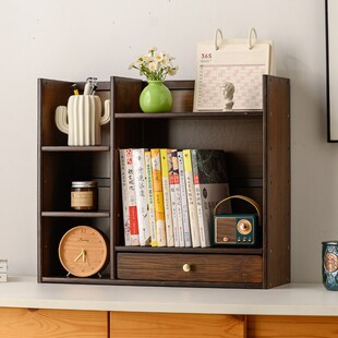 新楠竹木桌面书架置物架多层抽屉收纳架办M公室家用储物架带背板