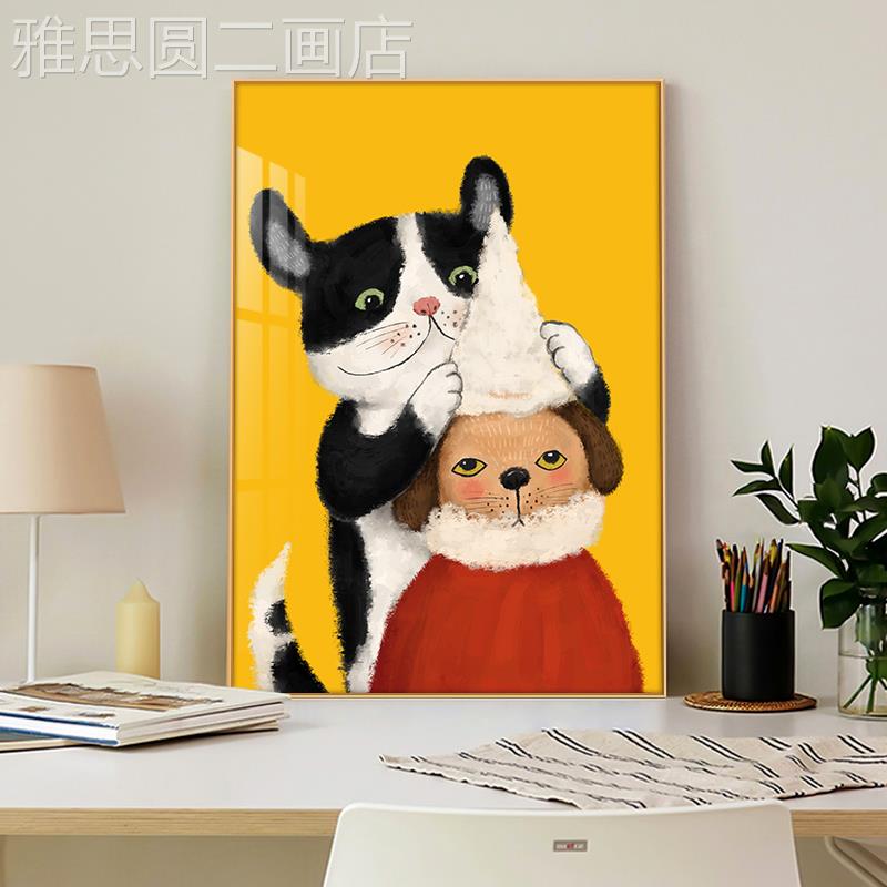 网红卡通动物儿童房装饰画抽画象创意猫咪狗狗理发店挂客厅走廊玄图片