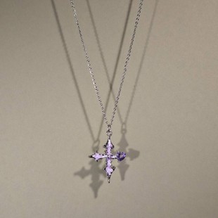 紫色水钻十字架吊坠小众设计项链Vintage古着The Purple Cross女