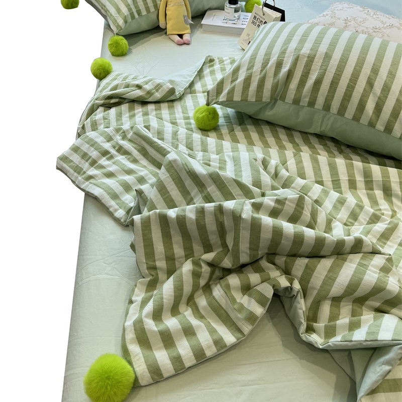 极速inas绿色条纹单双人毛球球水洗棉夏凉被四件套薄被子空调被可