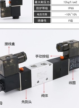 极速4V230gC-08气动电磁阀4v330C-10三位五通中封电磁控制阀气缸