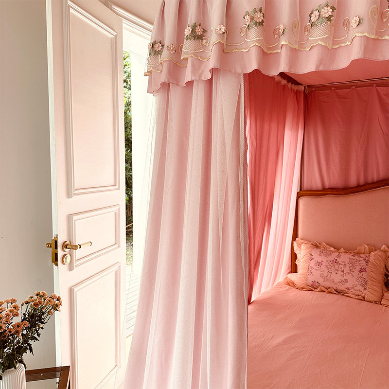 极速粉色u型导轨床幔蚊帐家用卧室双层加厚保N暖防尘遮光布公主风