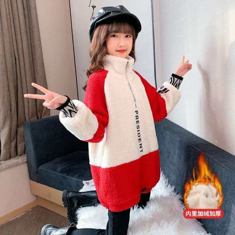 极速女童加绒卫衣j韩版潮宽松洋气羊羔毛上衣中长款加厚12女孩套