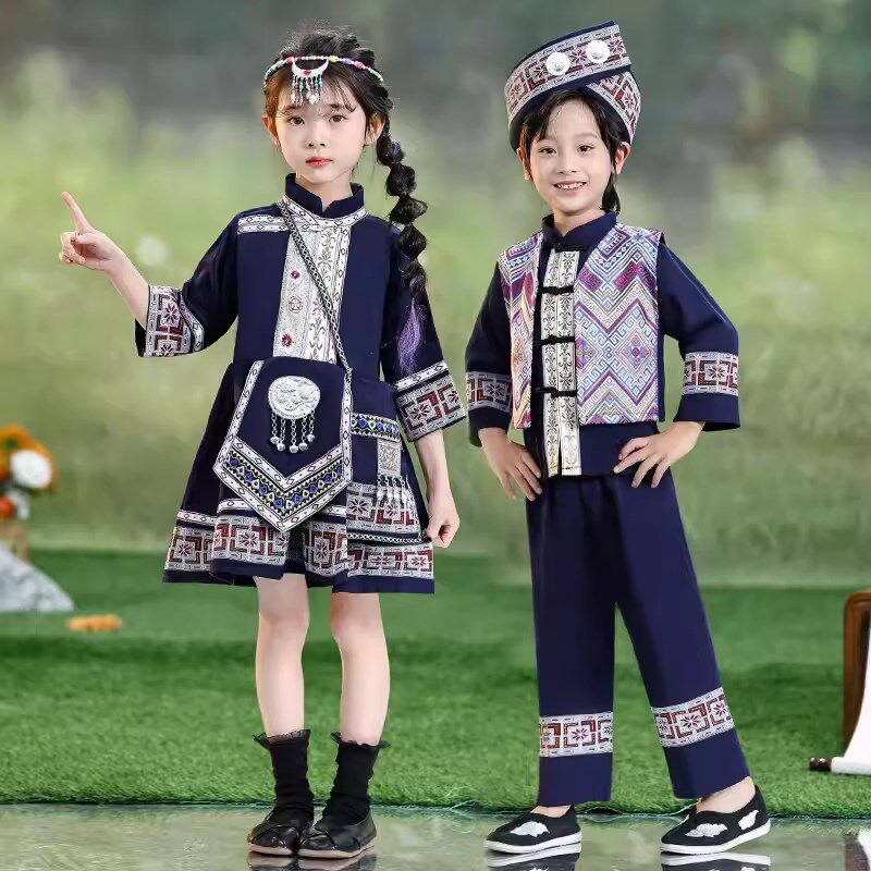 新品儿童少数民族服装男童女童阿昌族合唱演出Q服饰舞蹈服表演服 - 实物图