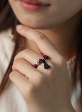 极速保真纯银新中式戒指t国潮复古流苏朱砂新款指环男女情侣可调