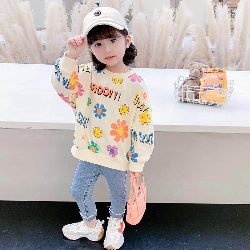 新品女童厚T恤2023春秋新款洋派E时髦纯棉秋装宝宝秋季宽松长袖儿