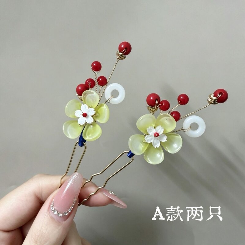 春夏绿色琉璃花朵U钗古风清新掩鬓发簪日常小花朵点缀发钗簪子