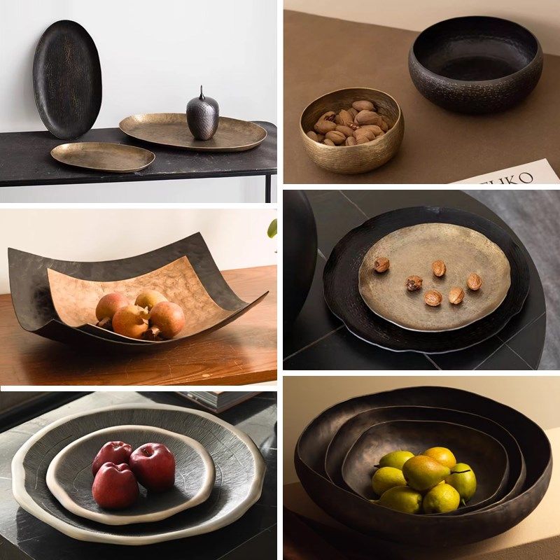 轻奢手工锤纹圆形水果盘茶几侘寂极简家J居客厅样板间桌面软装托,家居饰品,装饰摆件,淘宝优惠券,粉丝福利购,淘宝优惠卷