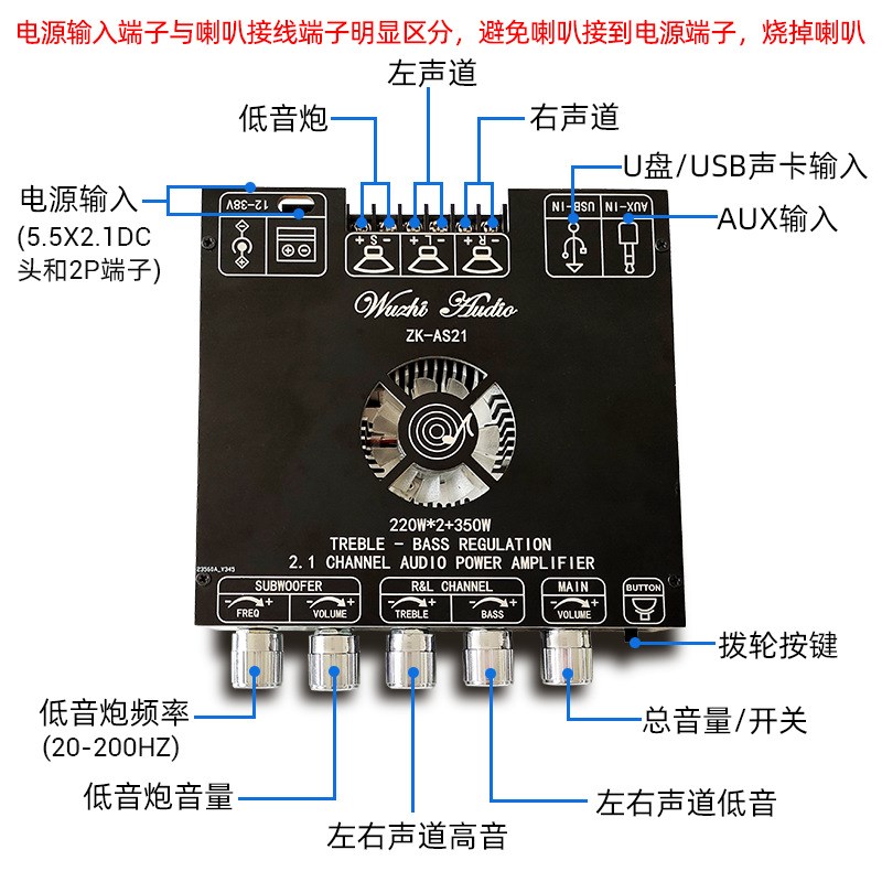 2.1声道TPA3251蓝牙数字功放板模块高低音调低音炮P220W*2+350W