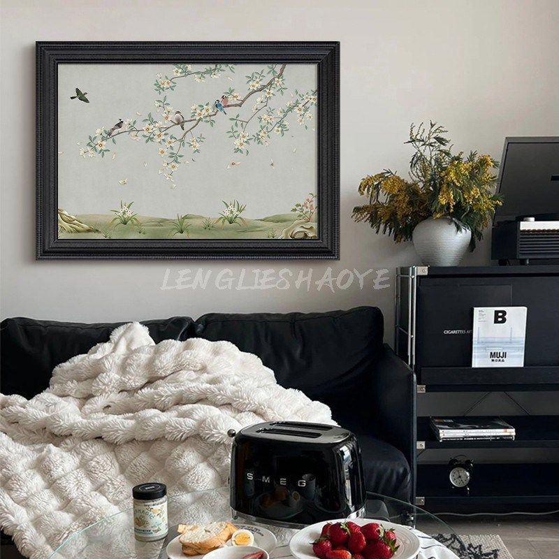 中式复古高级感飞鸟花卉客厅卧室装饰G品挂画轻奢玄关古典手绘油,家居饰品,现代装饰画,淘宝优惠券,粉丝福利购,淘宝优惠卷