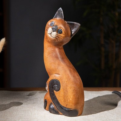 东南亚风实木客厅桌面装s饰品木头子母猫摆件博古架木雕小猫咪摆
