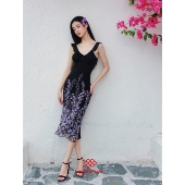 Labor 原创设计黑紫荷叶边v领定位印花斜裁连衣裙 夜铃兰 Love