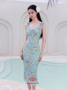Labor of Love 空谷幽兰 原创设计天蓝色荷叶边v领印花斜裁连衣裙