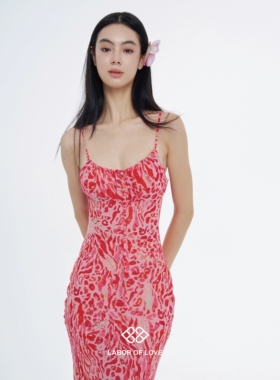 Labor of Love 豹豹我 原创设计法式红粉色豹纹长吊带修身连衣裙
