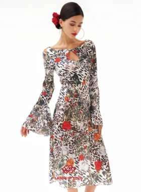 Labor of Love 燃情古巴 原创设计斑马纹玫瑰印花喇叭长袖连衣裙