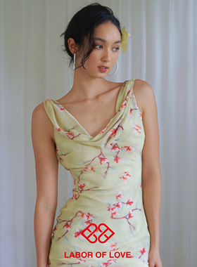 Labor of Love 梨花诗 原创设计淡黄碎花荡领斜裁中式法式连衣裙