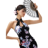 Love 花间舞 Labor 原创设计丝绒烫金牡丹挂脖新中式 辣妹旗袍