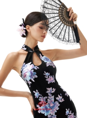 Labor of Love 花间舞 原创设计丝绒烫金牡丹挂脖新中式辣妹旗袍